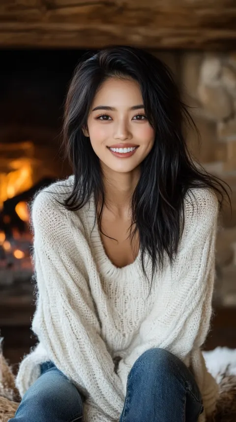 Asian Woman Winter Fireplace Warm Cozy