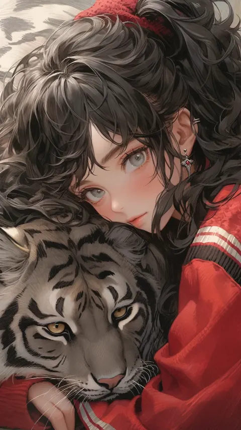 Tiger Wolf Girl Long Curly Hair Portrait