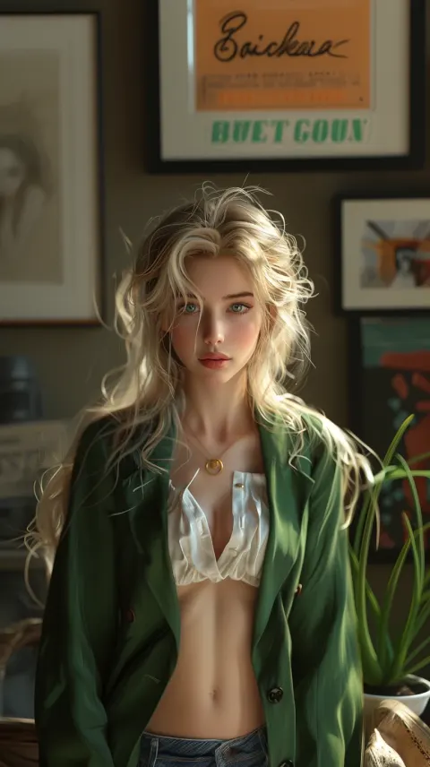 Girl Platinum Blonde Green Blazer Azure Eyes