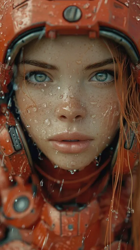Young Girl Red Robot Suit Rain Hyperrealism