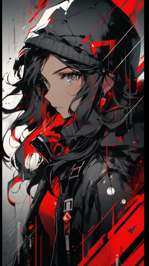 Woman Red Black Stripes Manga Splatter Painting