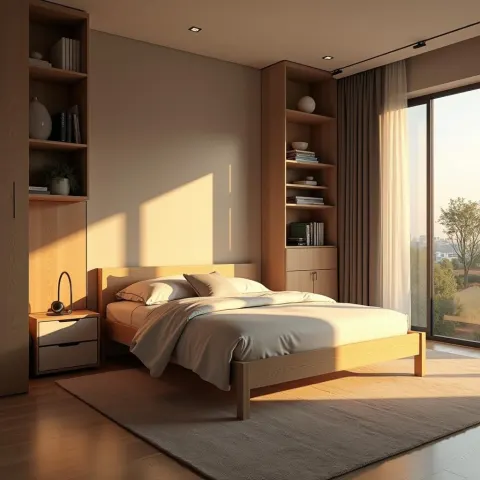 Minimalist Wooden Bed in Manga Monochrome
