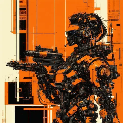 Mechanic With Industrial Cyberpunk Arms in Orange