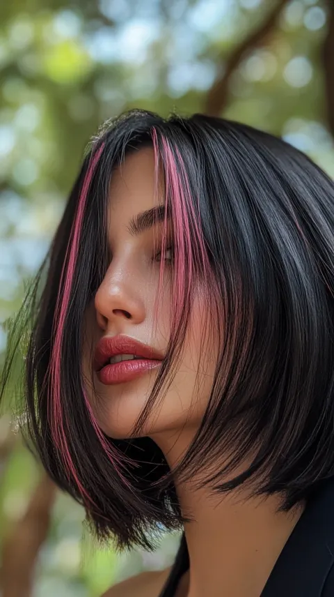 Angelina Jolie Model Black Hair Pink Highlights