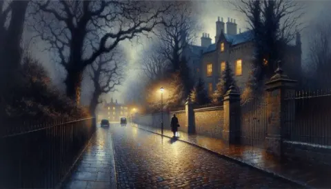 Victorian Era Figure on Rainy Cobblestone Road