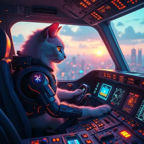 Neon Cat Piloting a Cybernetic Boeing 747