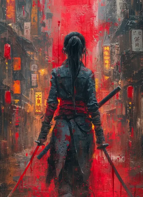 Girl Swords Cyberpunk Urban Scene