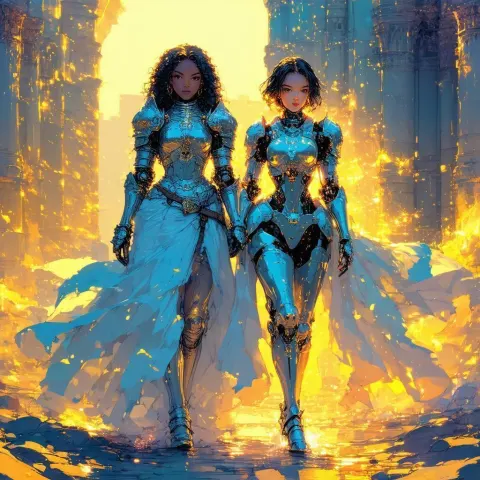 Medieval Knight and Cyborg Women Walking Together