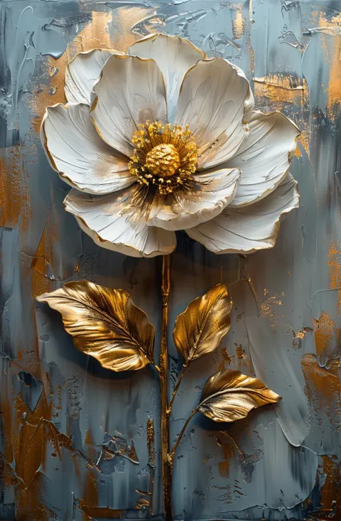 Flower Painting Gold White Gray