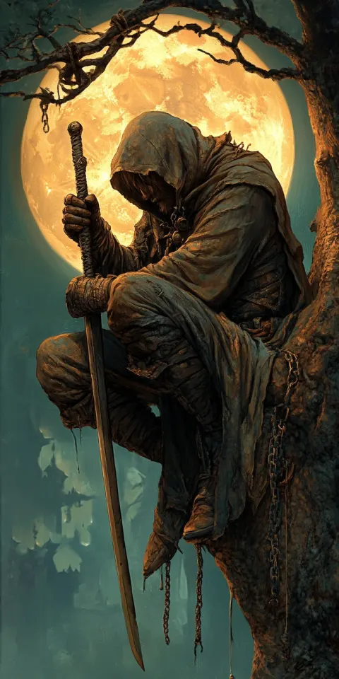 Hooded Figure Sword Moonlight