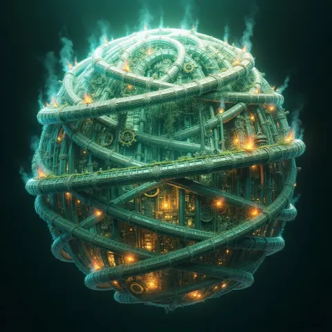 Fantastical Pipeline of Gears Shaping a Globe
