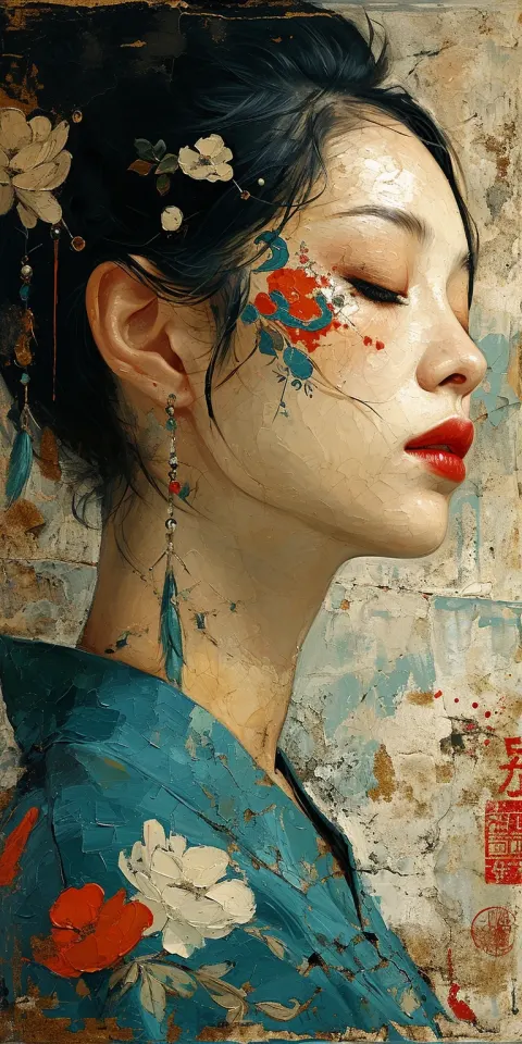 Asian Woman Precisionist Painting