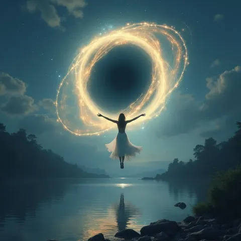 Moonlit Goddess Beneath a Swirling Black Hole