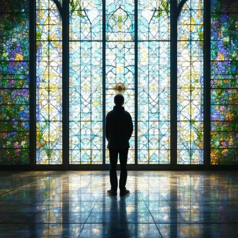 Ethereal Figure Before a Grand Stained Glass Window