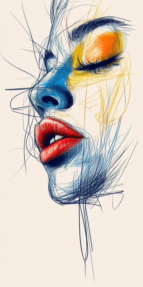 Woman Face Bold Colorful Lines Drawing