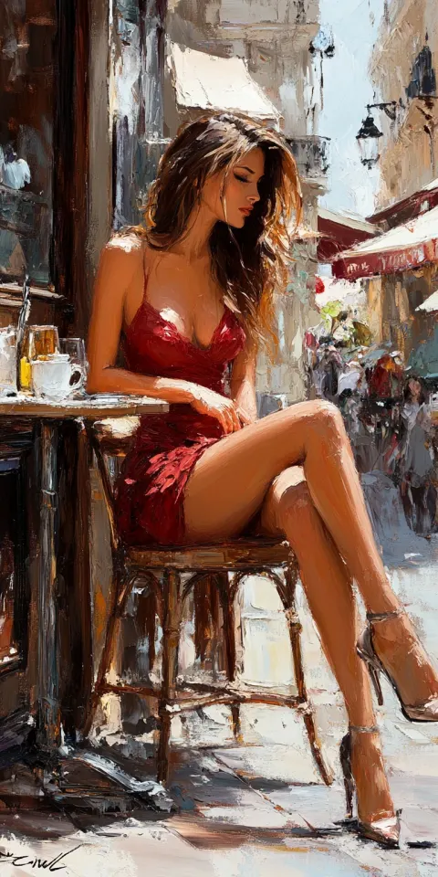 Woman Red Dress Parisian Cafe Impressionist
