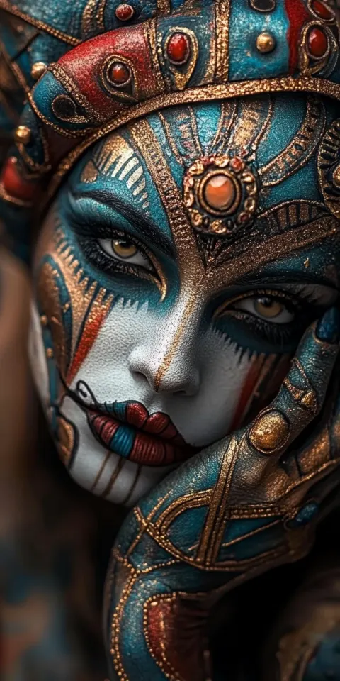 Venetian Makeup Red Blue Gold Woman