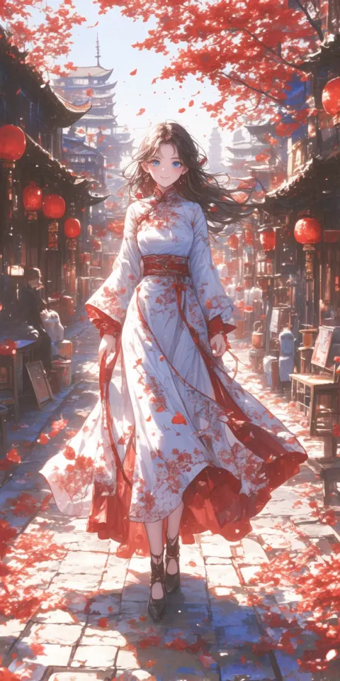 Girl Red Flowers Chinese Cultural Theme