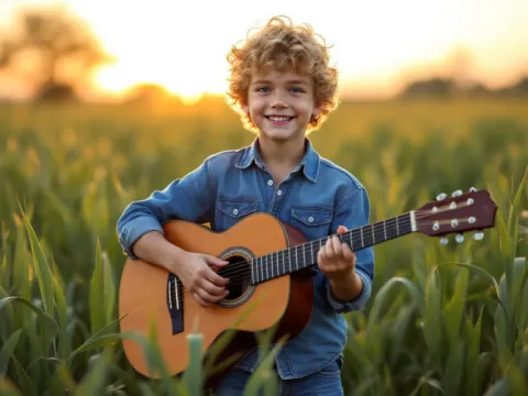 Boy with Guitar in Sunset Field of Grass