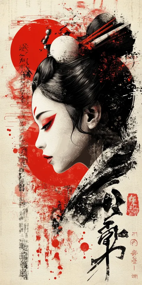 Geisha Cyberpunk Digital Art Black White