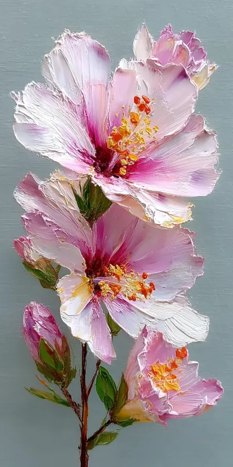 Hibiscus Pink Flower Heavy Impasto Painting