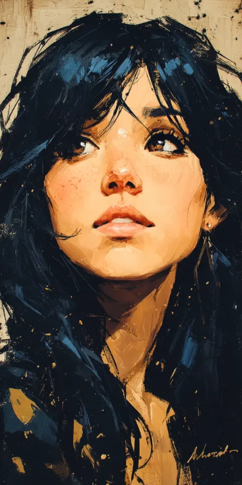 Woman Long Black Hair Gold Painting