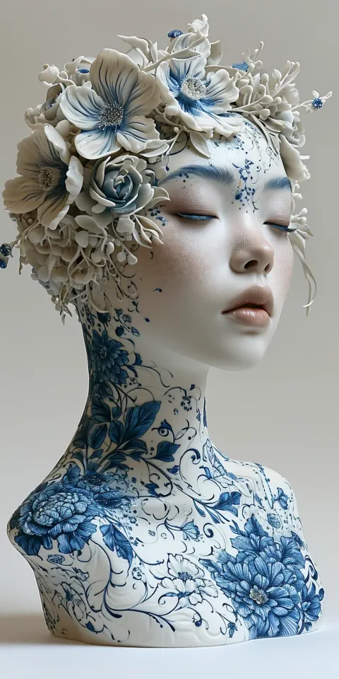 Porcelain Woman Symmetrical White Blue