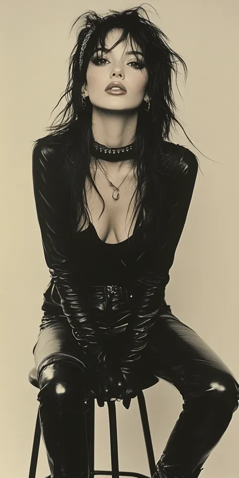 Woman Black Hair Leather Pants 1990s