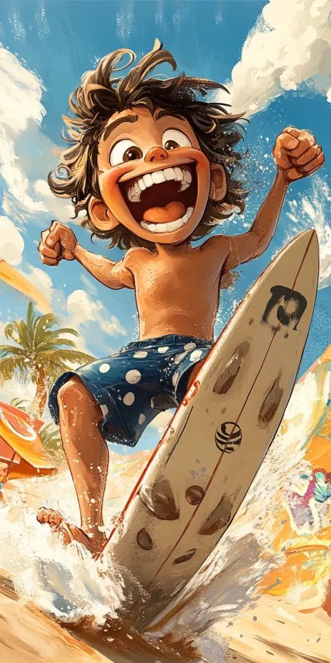 Boy Surfing Beach Pixar Style
