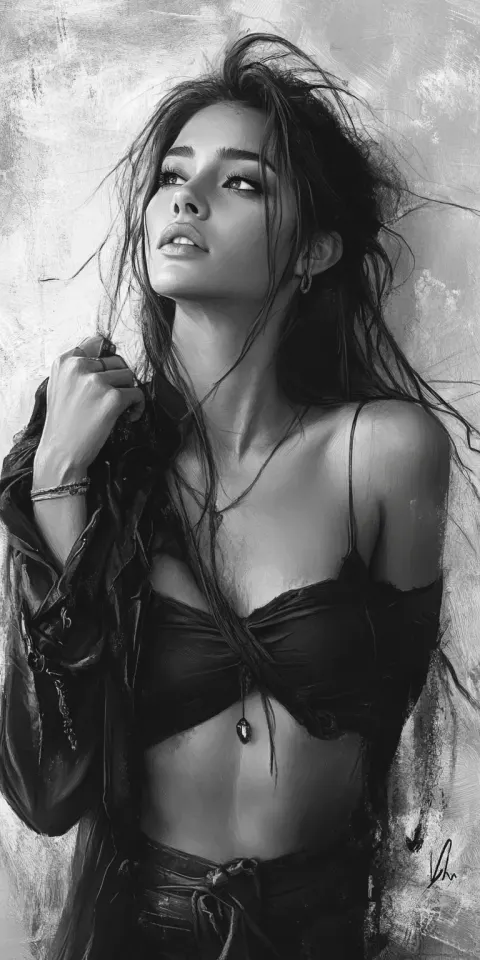 Woman Black White Long Hair Portrait