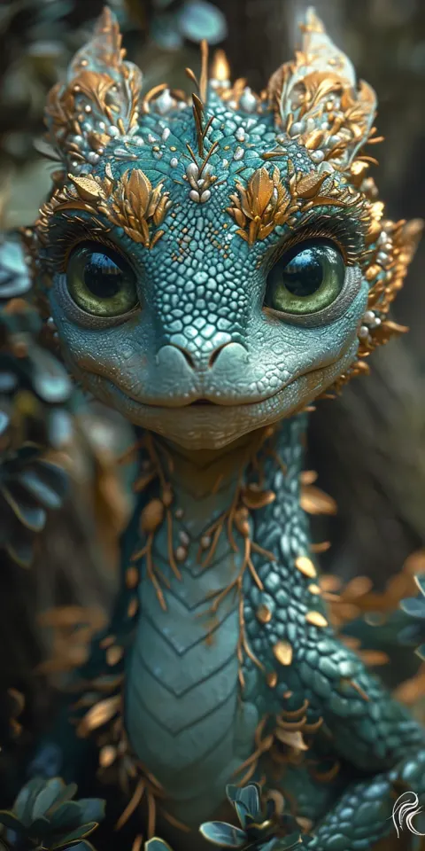 Baby Dragon Forest Green Eyes Whimsical