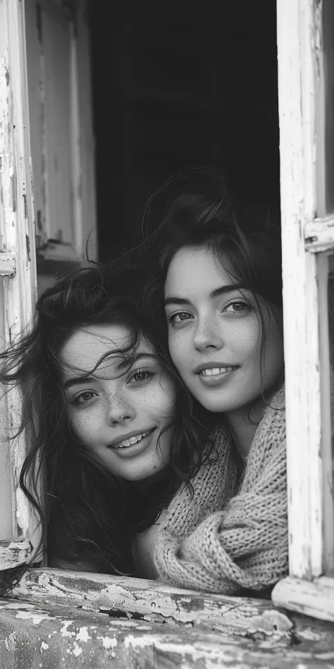 Women Window French House Black White