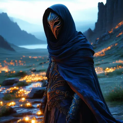 Masked Ethereal Being in an Otherworldly Landscape