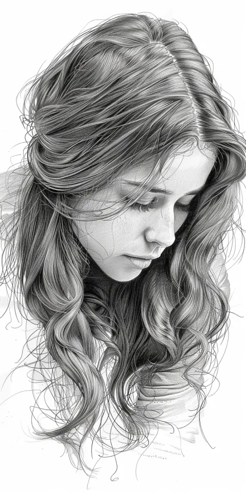 Woman Long Hair Pencil Sketch