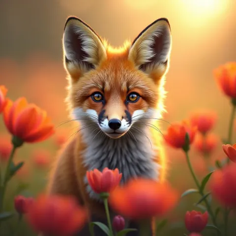 Curious Fox Among Flowers in Golden Tones