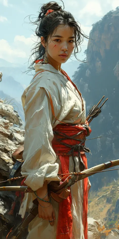 Asian Woman Bow Mountain Action