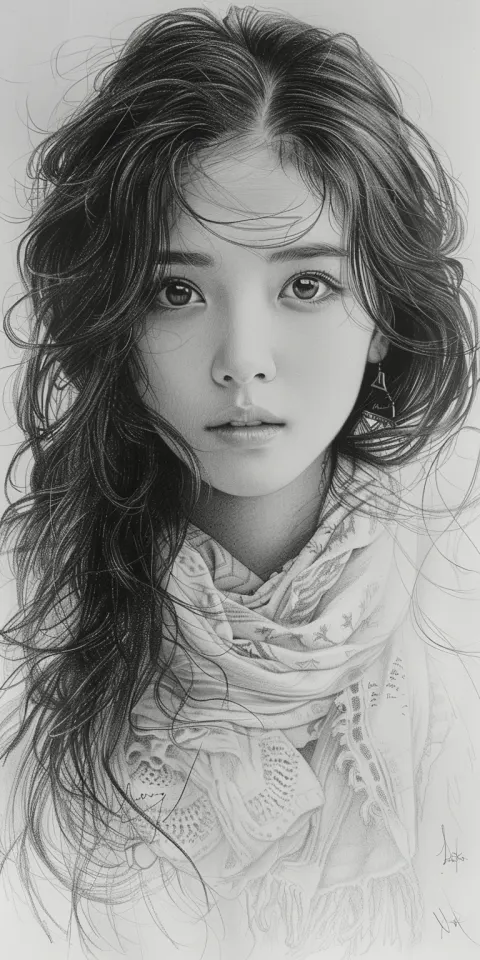 Asian Girl Pencil Sketch Long Hair