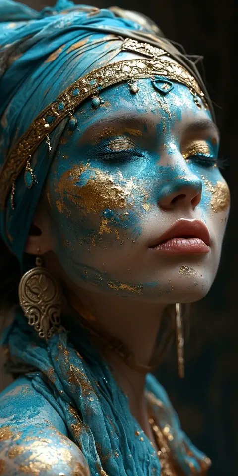 Woman Red Blue Gold Makeup