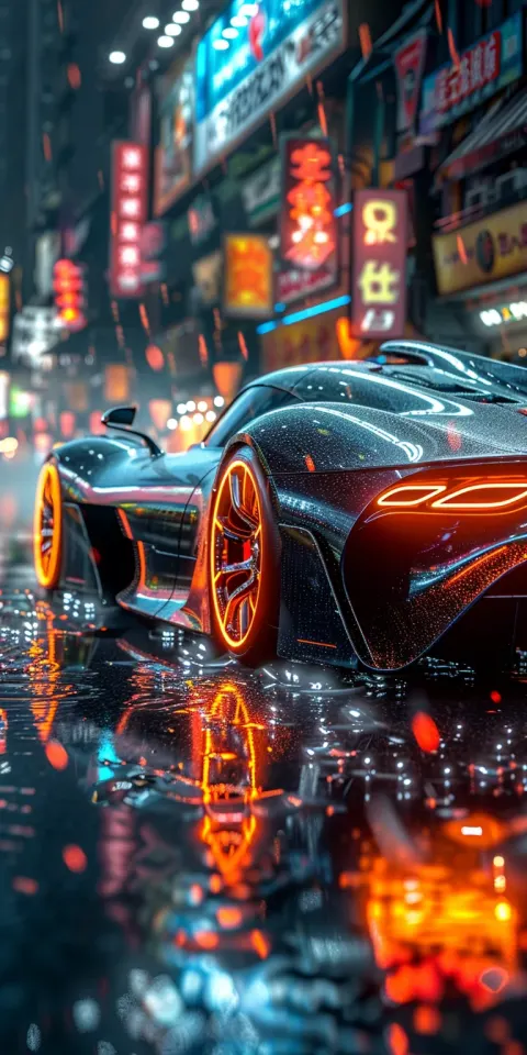 Sports Car Night Wet Streets