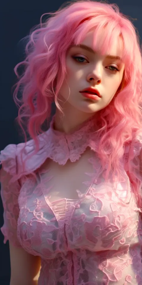 Woman Pink Hair Lace Dress