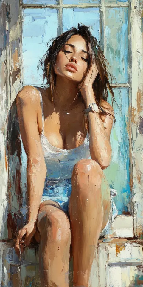 Woman Window Painting Romantic Impasto