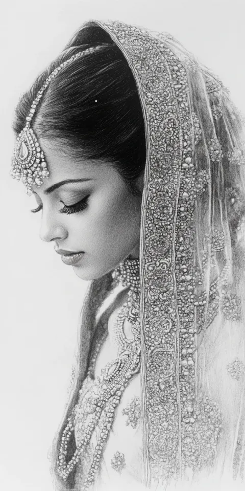 Indian Woman Black White Sketch