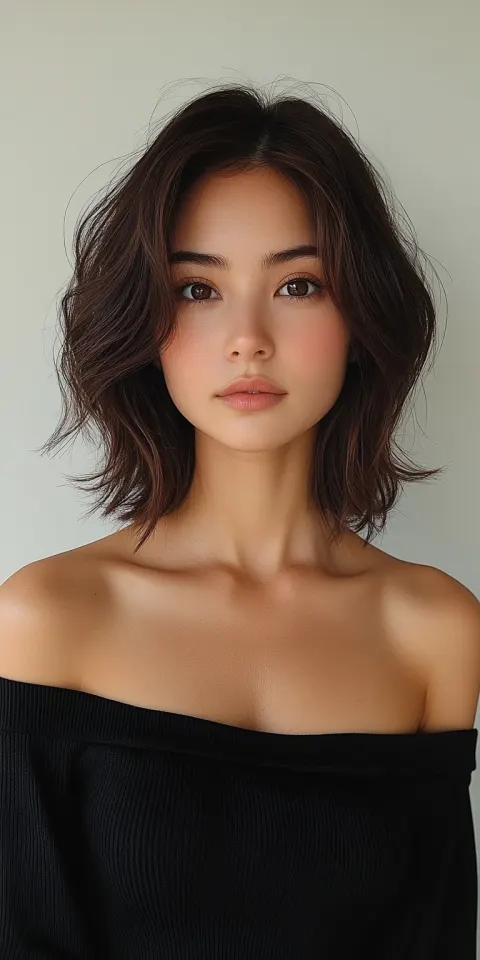 Japanese Woman Off-Shoulder Haircut Bob