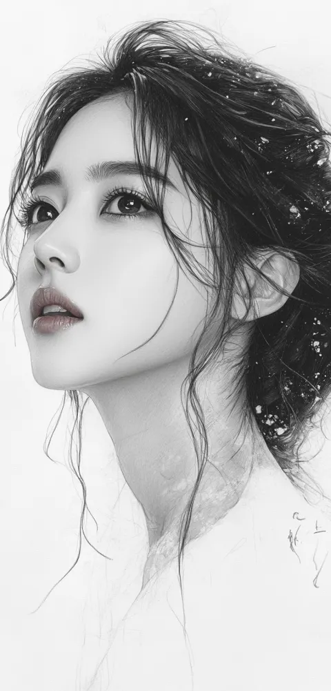 Korean Woman Black White Sketch