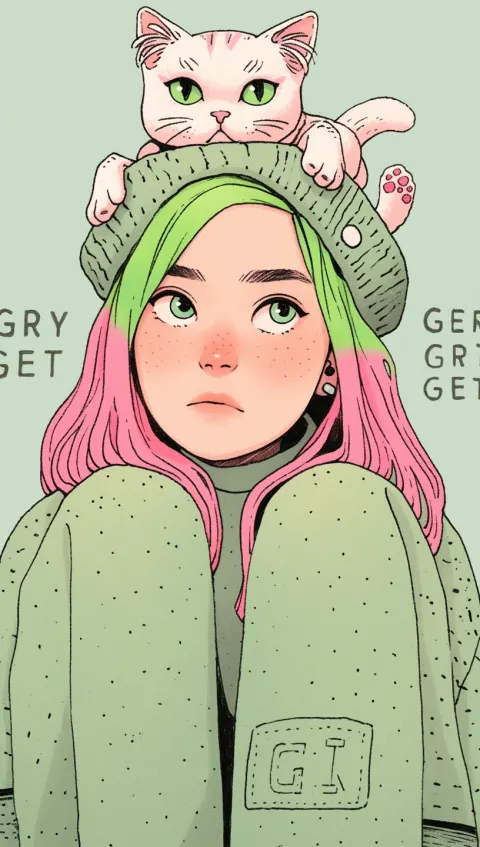 Quirky Girl Pink Hair Cat