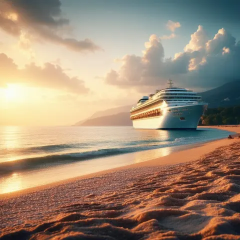 Cruise Ship Passing a Golden Hour Beach