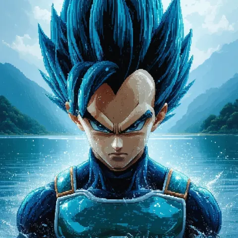 Vegeta Portrait by a Pixelated Lake