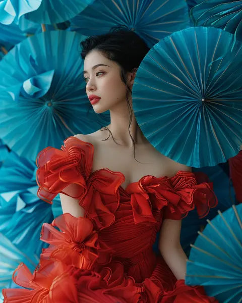 Woman Red Dancing Umbrellas