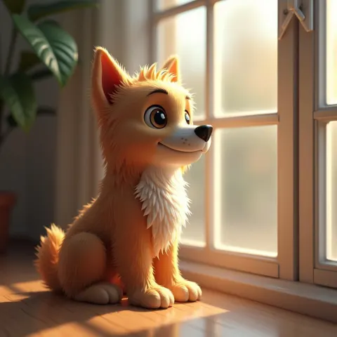 Lifelike 3D Dog Waiting by the Window