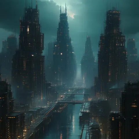 Dystopian Cityscape in Dramatic 3D Chiaroscuro